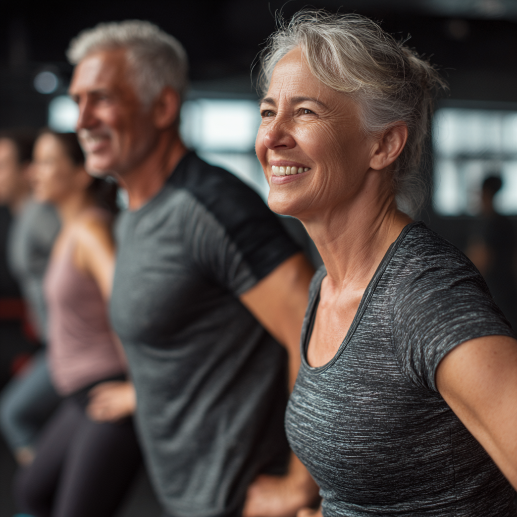Middle-aged adults participating in functional fitness training session